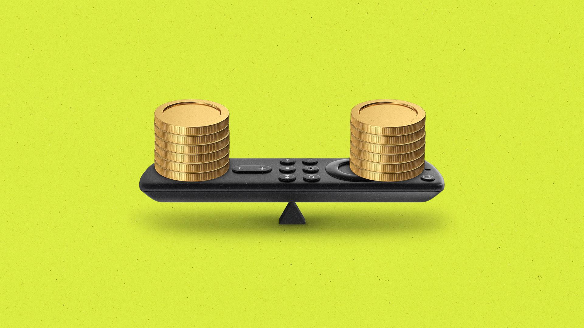 A streaming remote balancing like a seesaw with stacks of coins on either side.