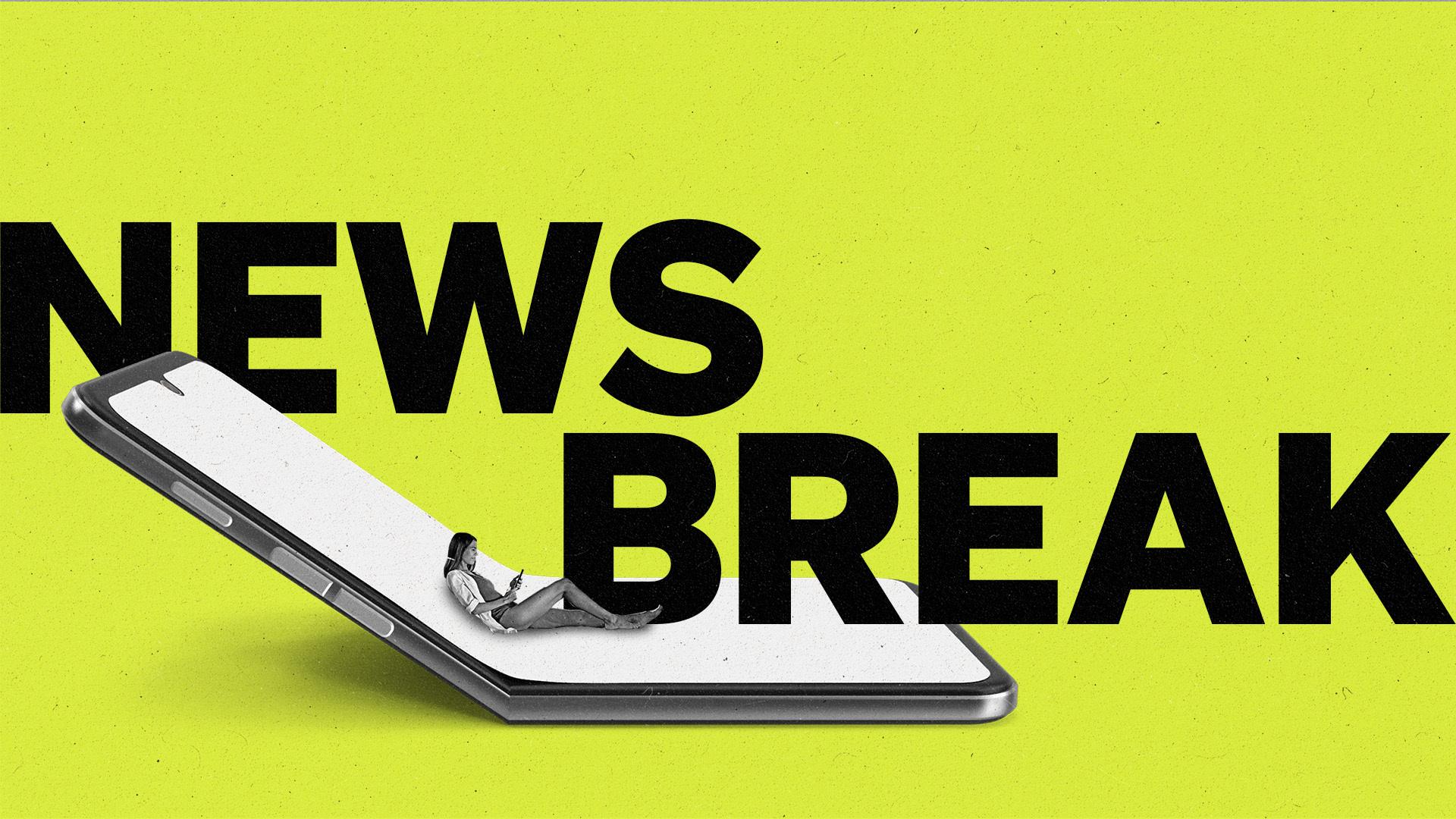 The Current News Break with a woman sitting on a folding cellphone.