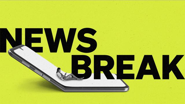 The Current News Break with a woman sitting on a folding cellphone.