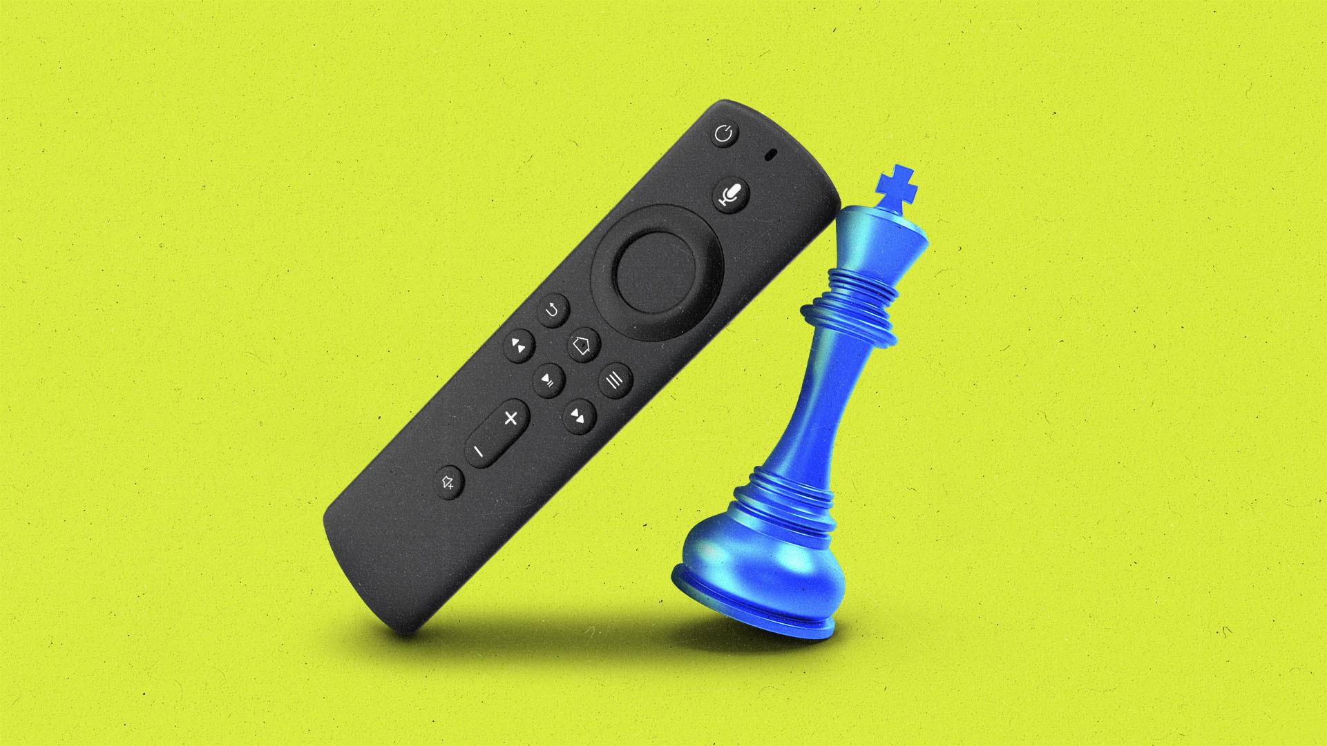 A streaming remote leaning on and knocking over a king chess piece