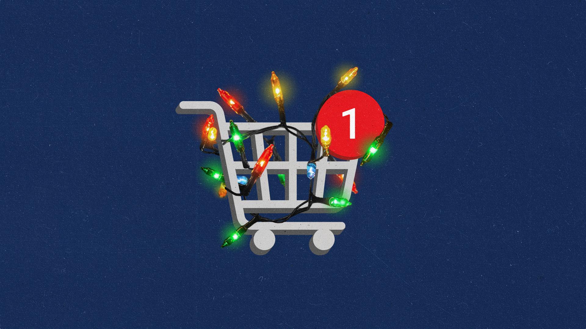 A shopping cart covered with Christmas lights and one item in the cart