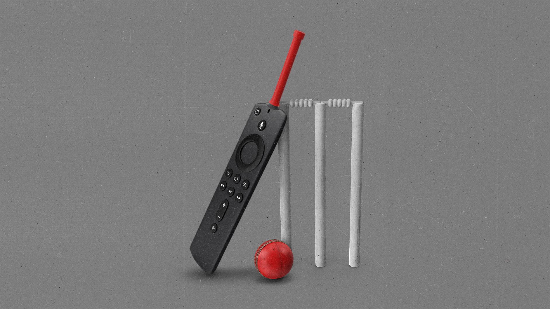 A TV remote doubles as a cricket paddle as it taps a red ball.
