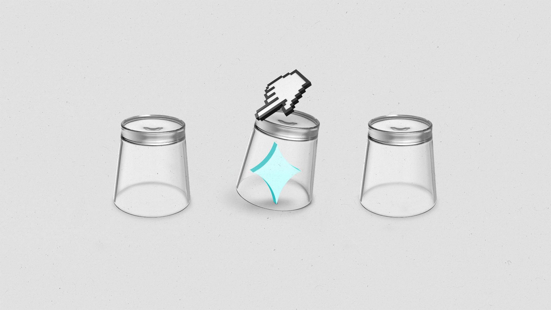 Hand cursor lifting a clear glass from on top of an AI sparkle, like the shell game.