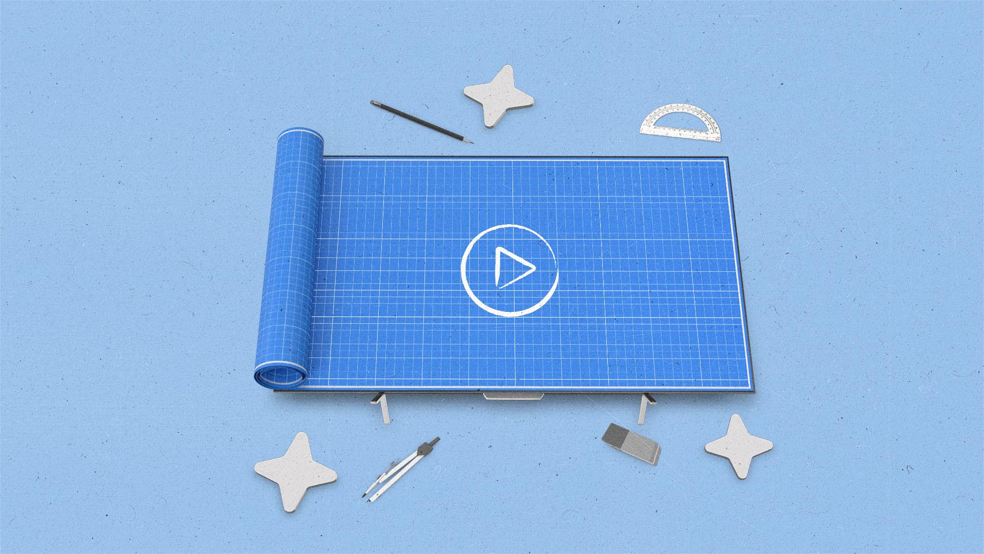 Drafting tools and AI stars surround a TV made to look like a blueprint.