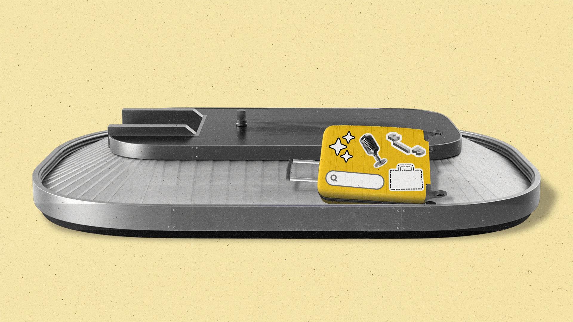 A baggage carousel with a single luggage, decorated with stickers of a search bar, AI stars, podcast microphone, and em dash.