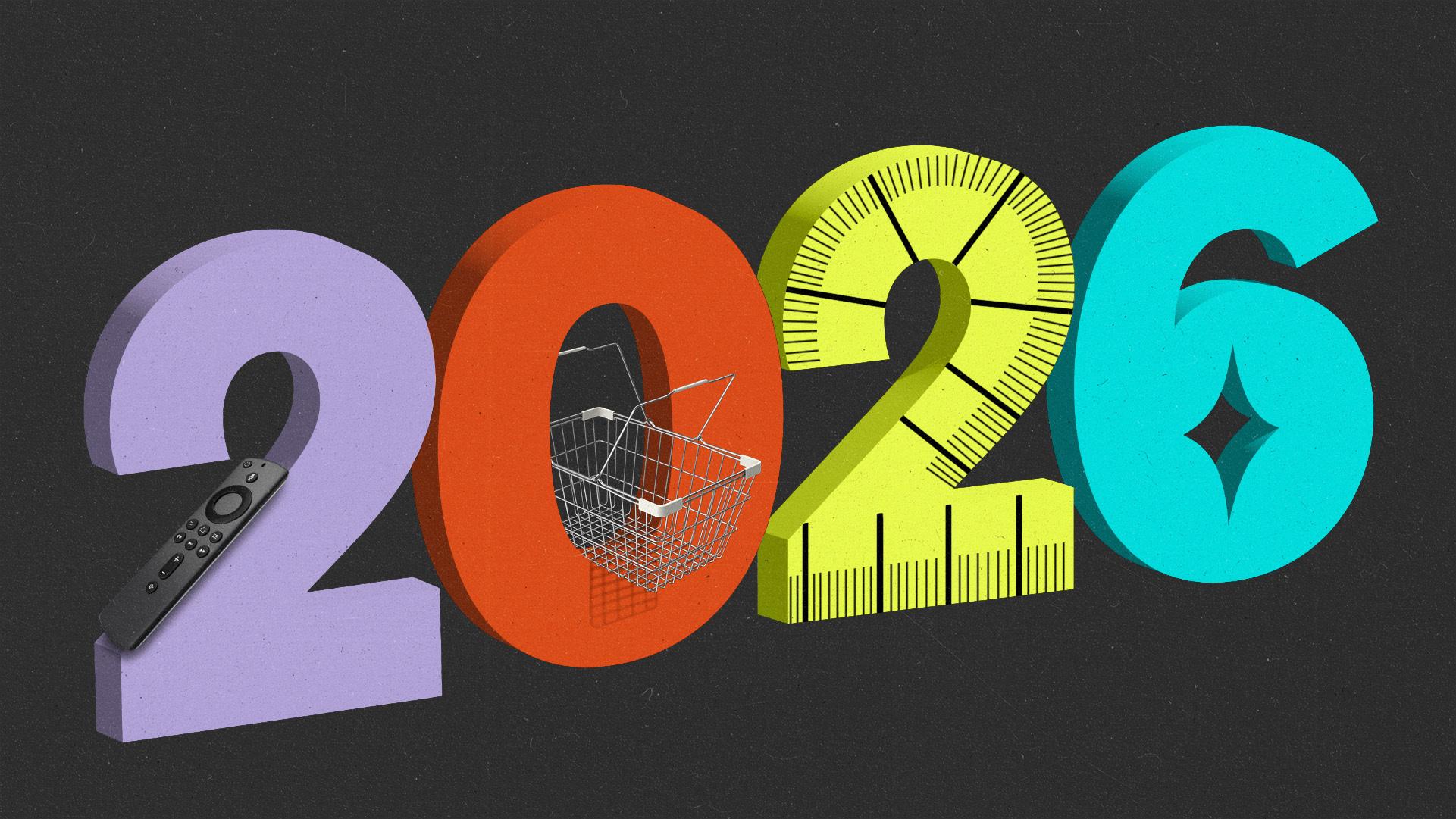 The number 2026 with a streaming remote, shopping basket, tape measure and AI sparkle within it.
