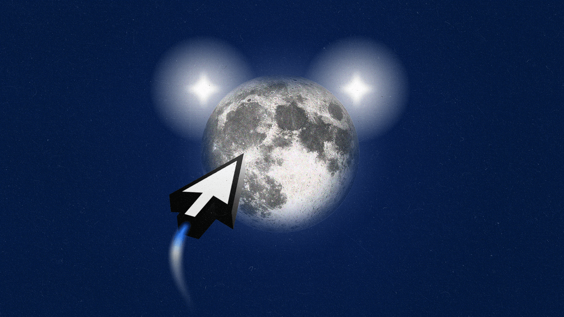 Cursor like a rocketship moving towards the moon and two stars.