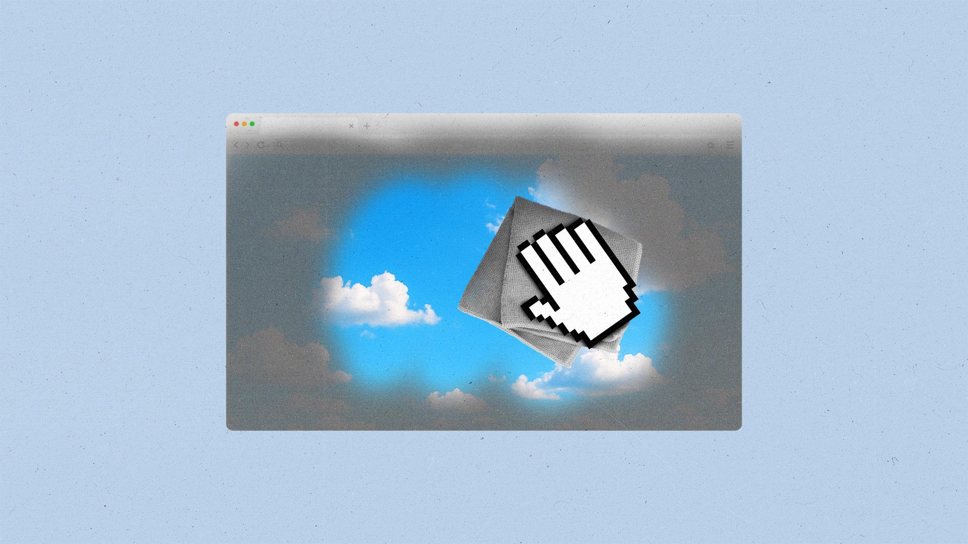 Cursor hand cleaning dirt from a browser window to reveal a blue sky.