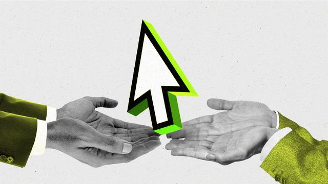 Two pairs of hands in suits working together to hold up a cursor.