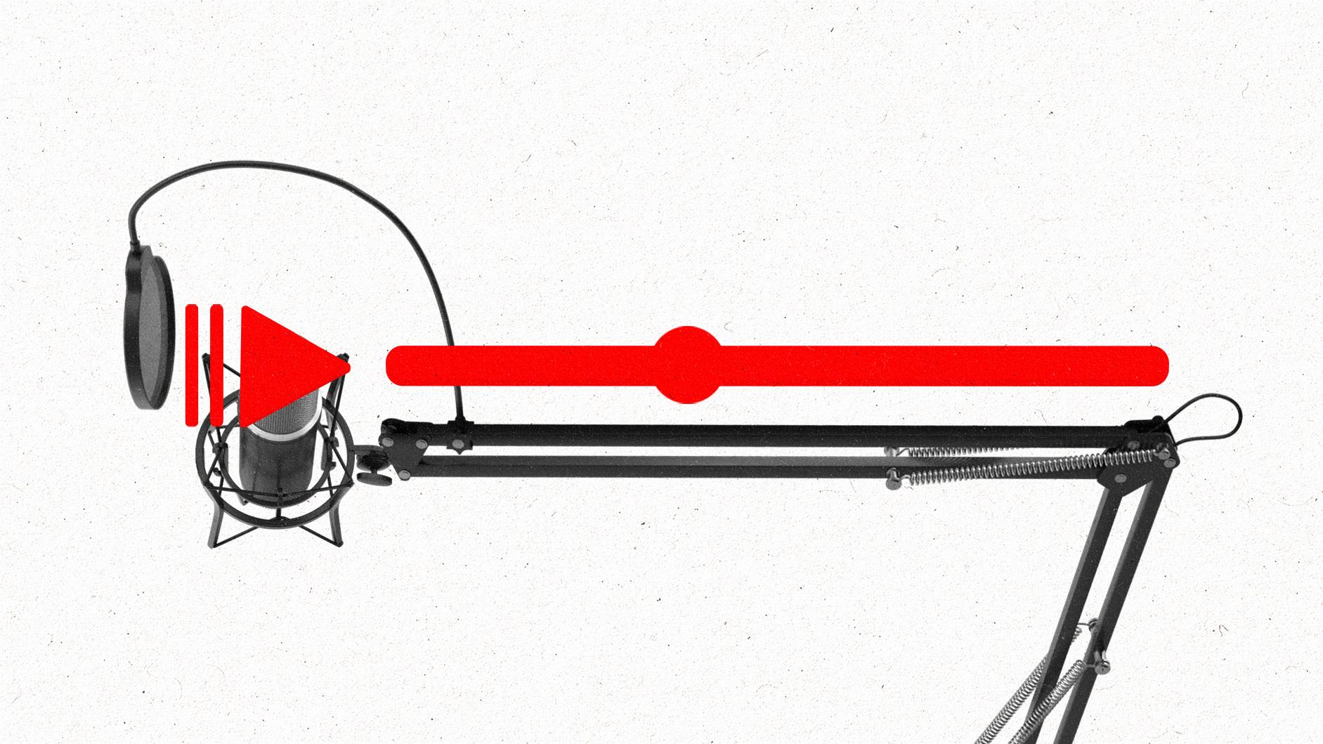 Podcast microphone on an arm stand with a play button and video UI visible.