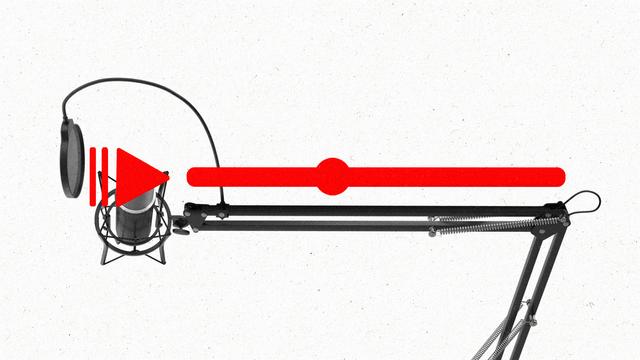 Podcast microphone on an arm stand with a play button and video UI visible.