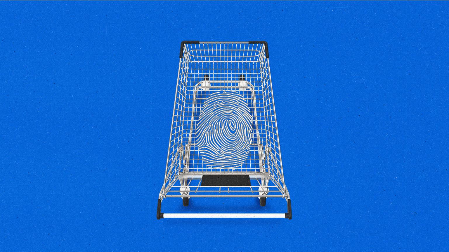 Shopping cart with metal bars shaped like a fingerprint.