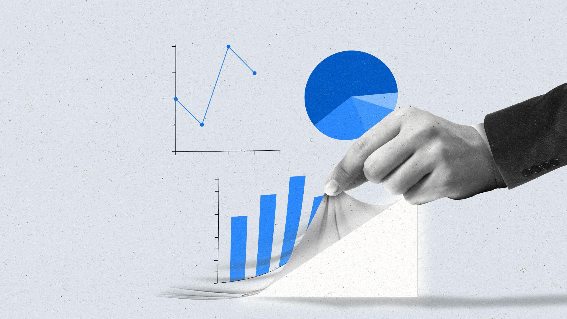 A line, circle, and bar graph with a hand lifting up a corner to reveal glowing light.
