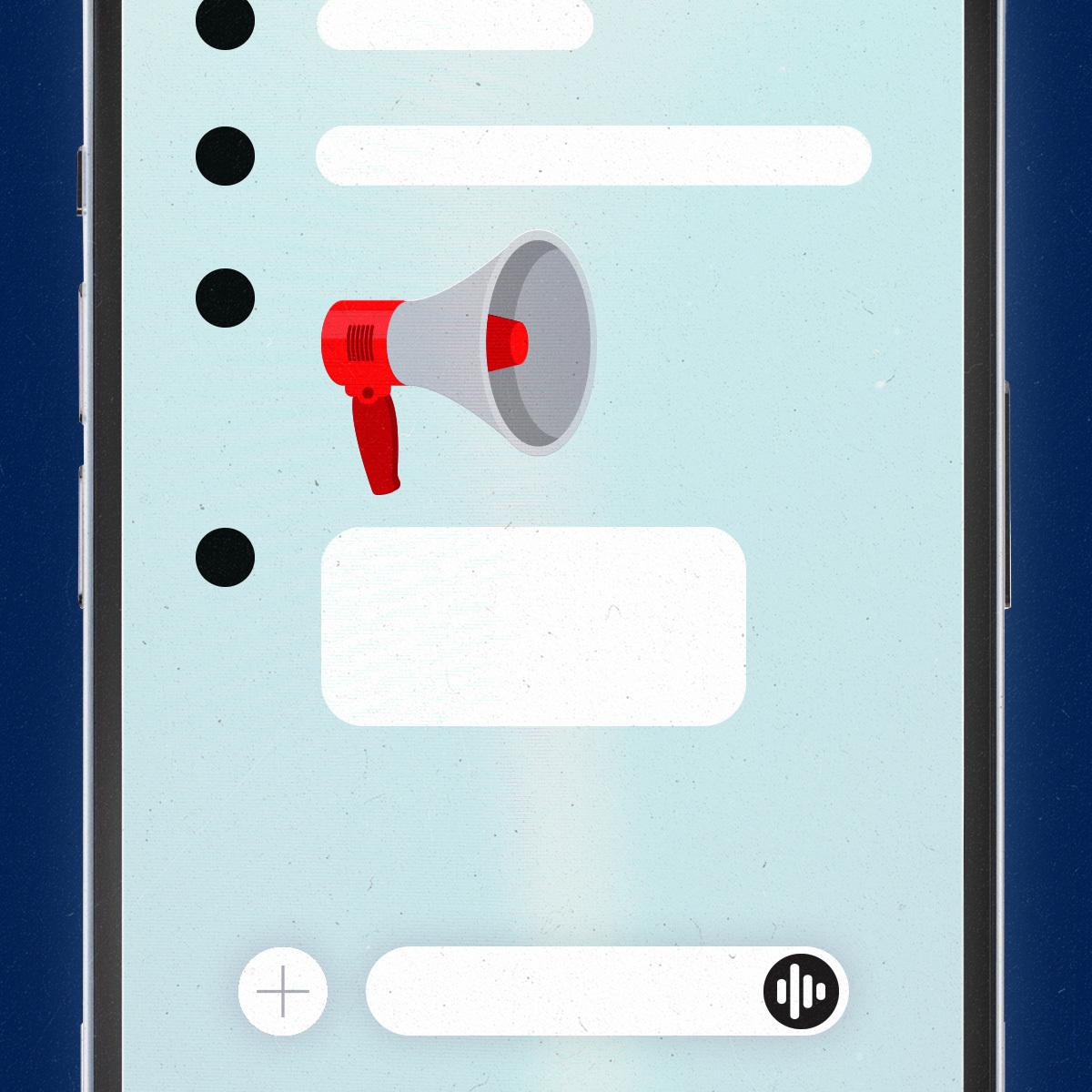 Smartphone display showing an AI chatbot chat, interrupted by a megaphone emoji.