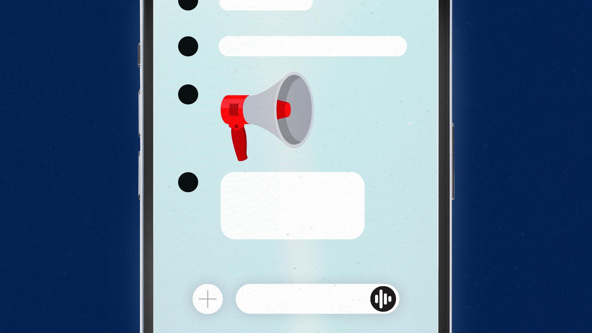 Smartphone display showing an AI chatbot chat, interrupted by a megaphone emoji.
