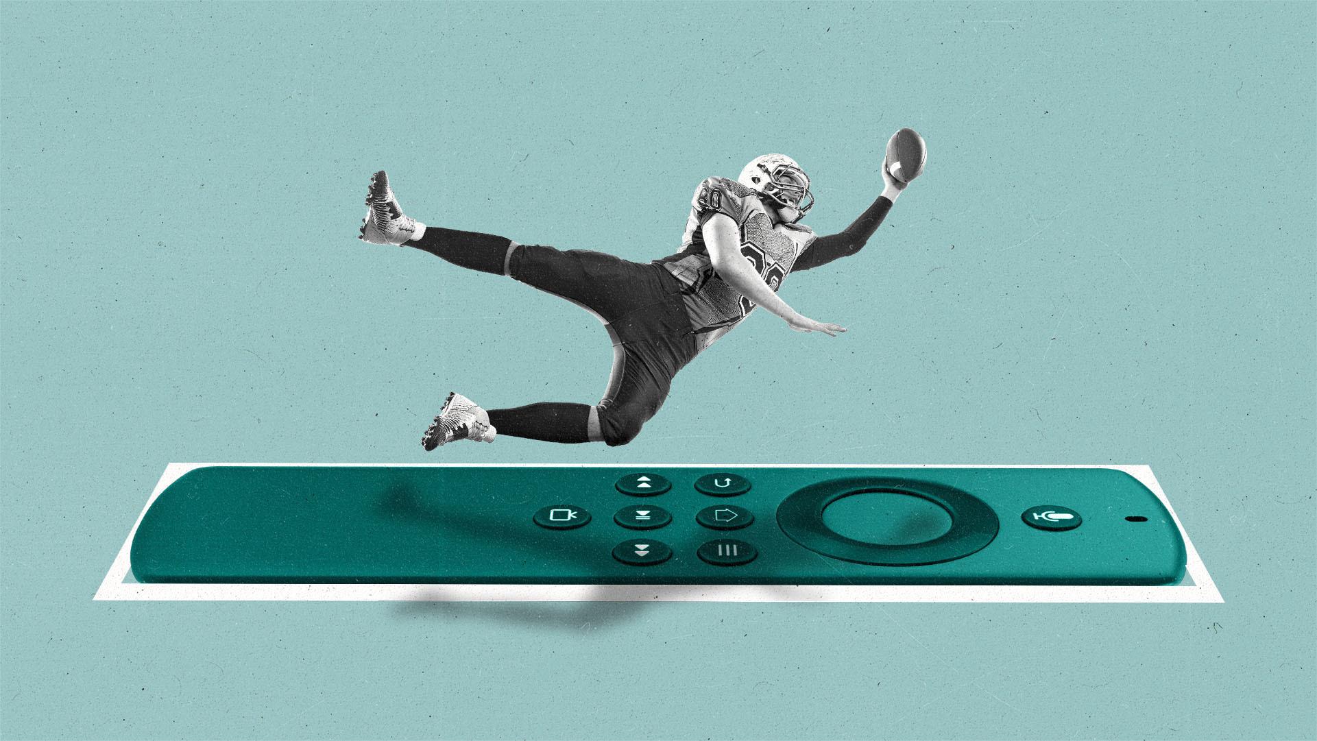 a football player catching over an endzone made to look like a TV remote.
