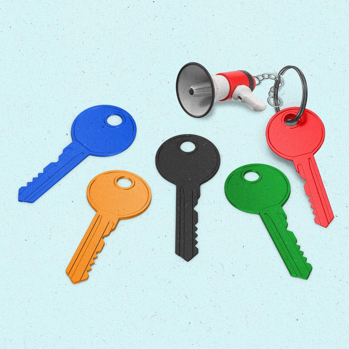 Keys lined up in blue, yellow, black, green, and red with one having a megaphone keychain.