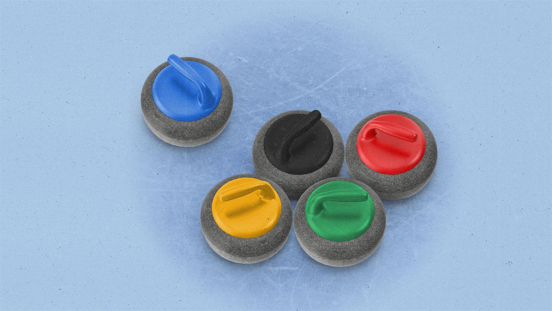 curling stone colored blue, black, red, yellow, and green on ice.