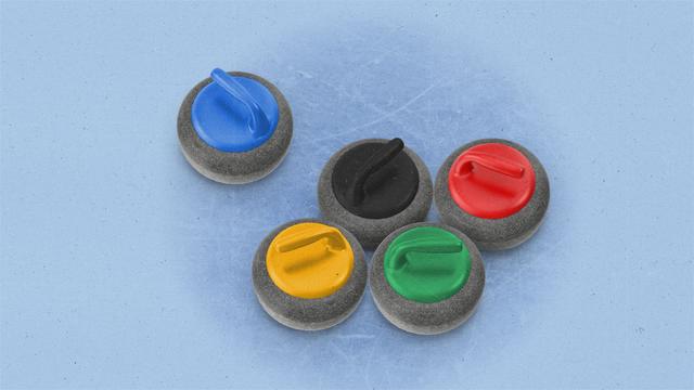 curling stone colored blue, black, red, yellow, and green on ice.