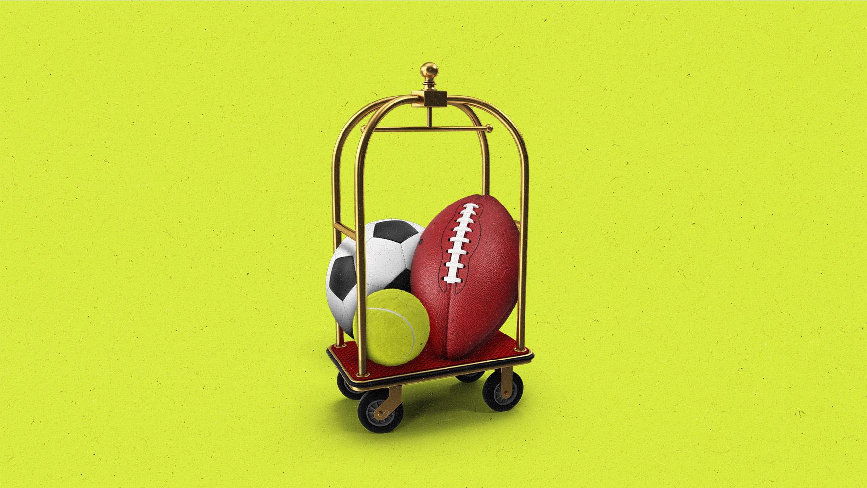 Football, Soccer ball, and tennis ball piled into a luggage cart.