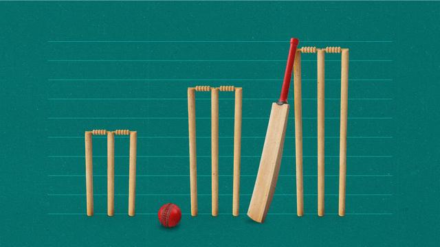 Three cricket wicketts in a row creating a rising bar chart.