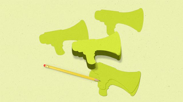 A stack of post it notes in the shape of a megaphone surrounded by notes and a pencil.