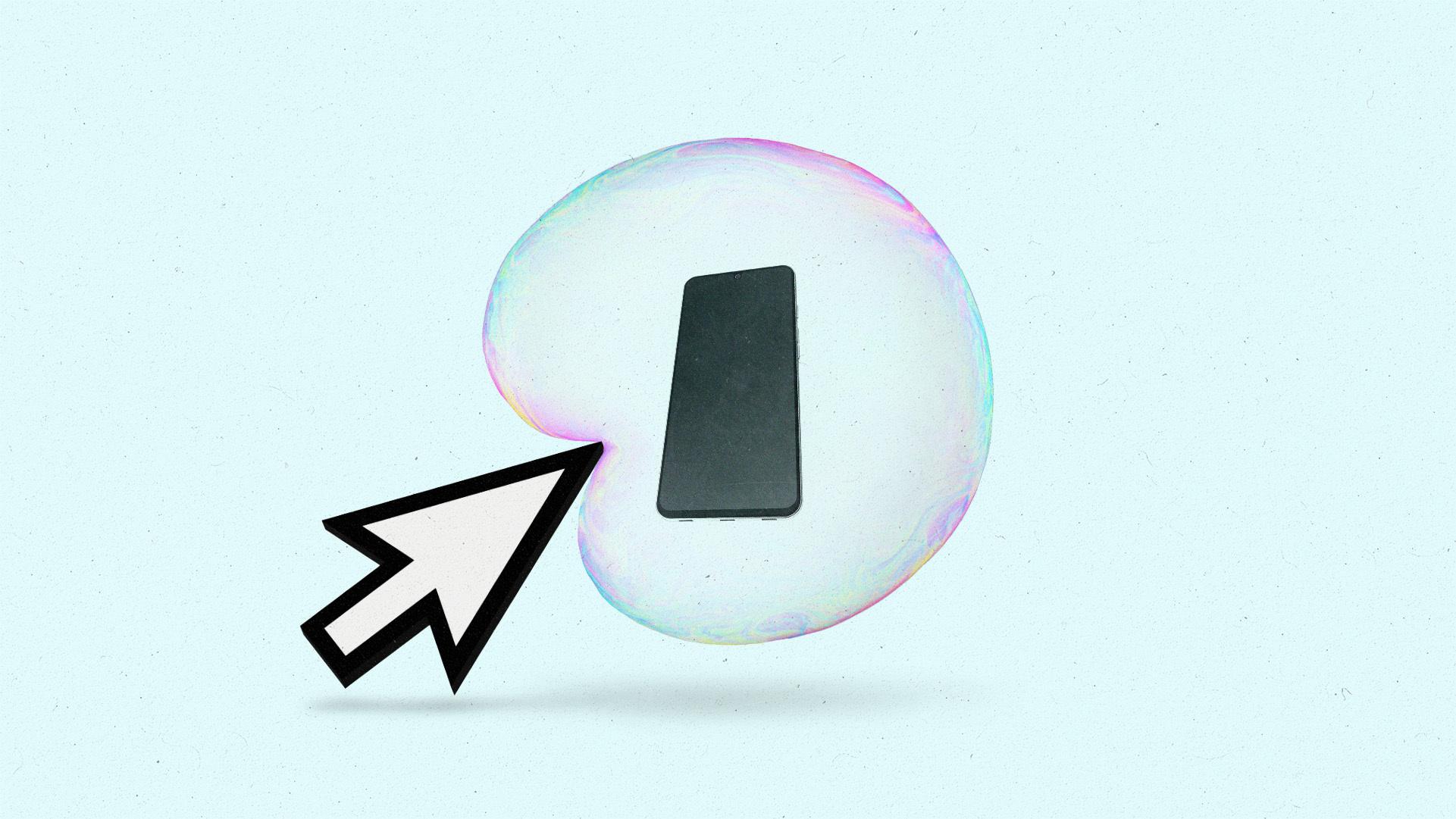 A smartphone inside a bubble being poked by a cursor.