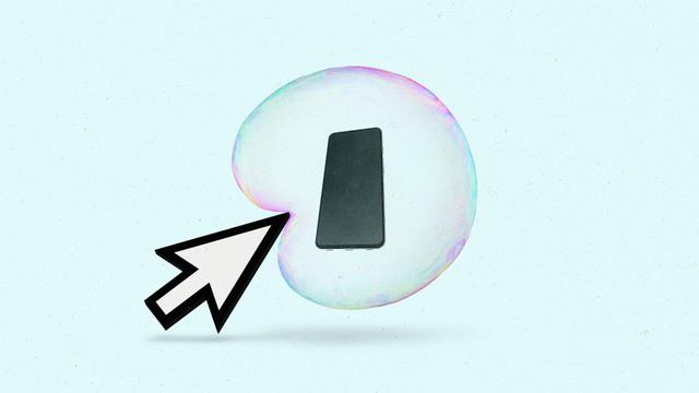 A smartphone inside a bubble being poked by a cursor.