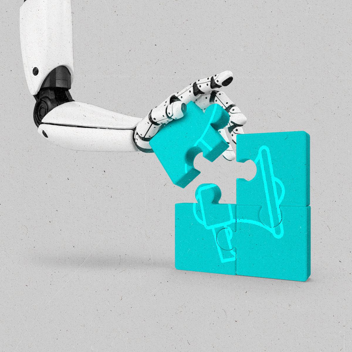Robotic hand completing an unfinished puzzle that shows the image of a megaphone.