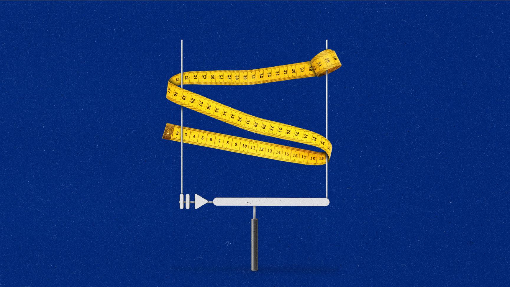 Measuring tape wrapped around goal posts with streaming UI.