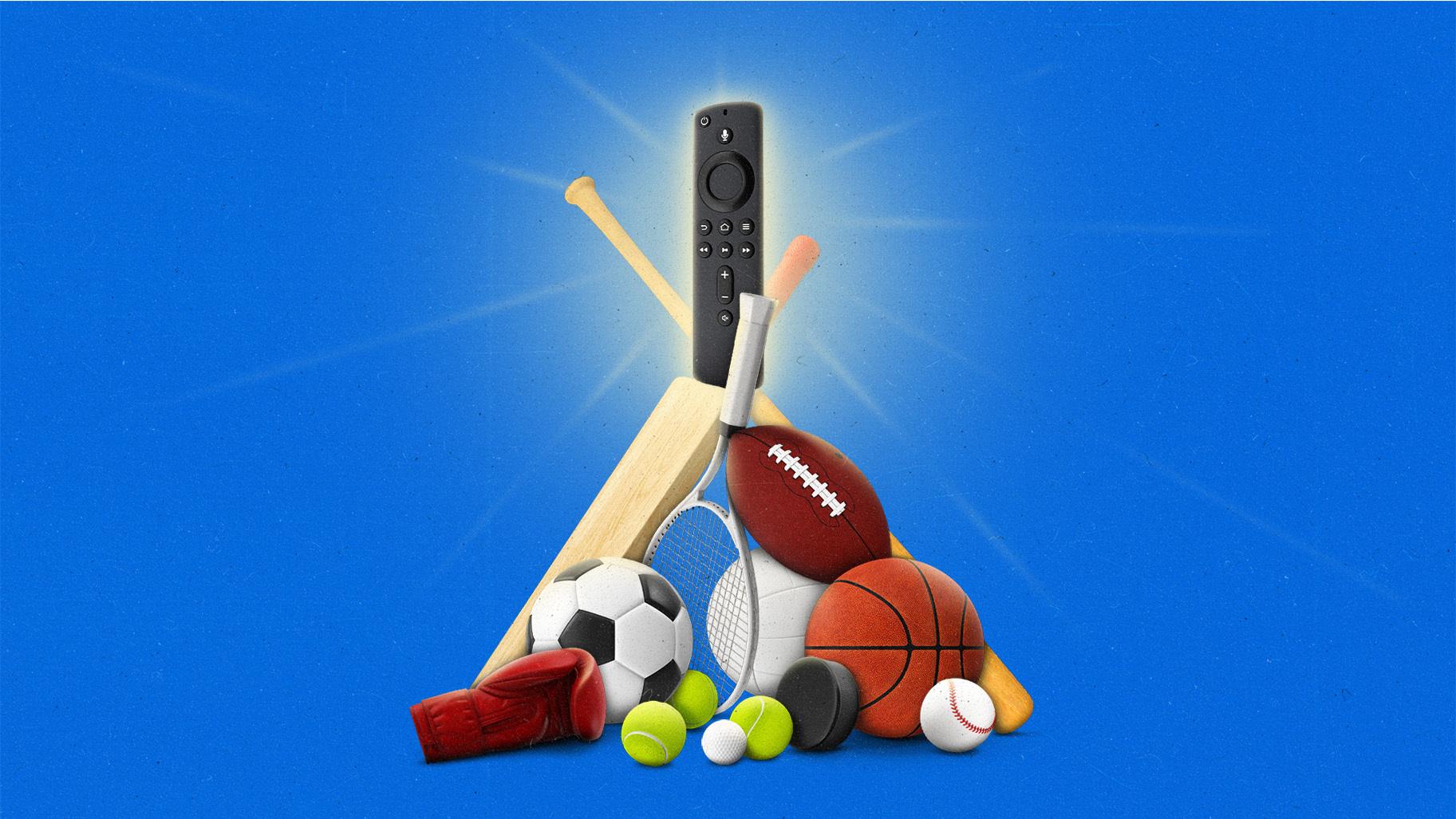 Piled sports equipment propping up a glowing streaming remote at the top.