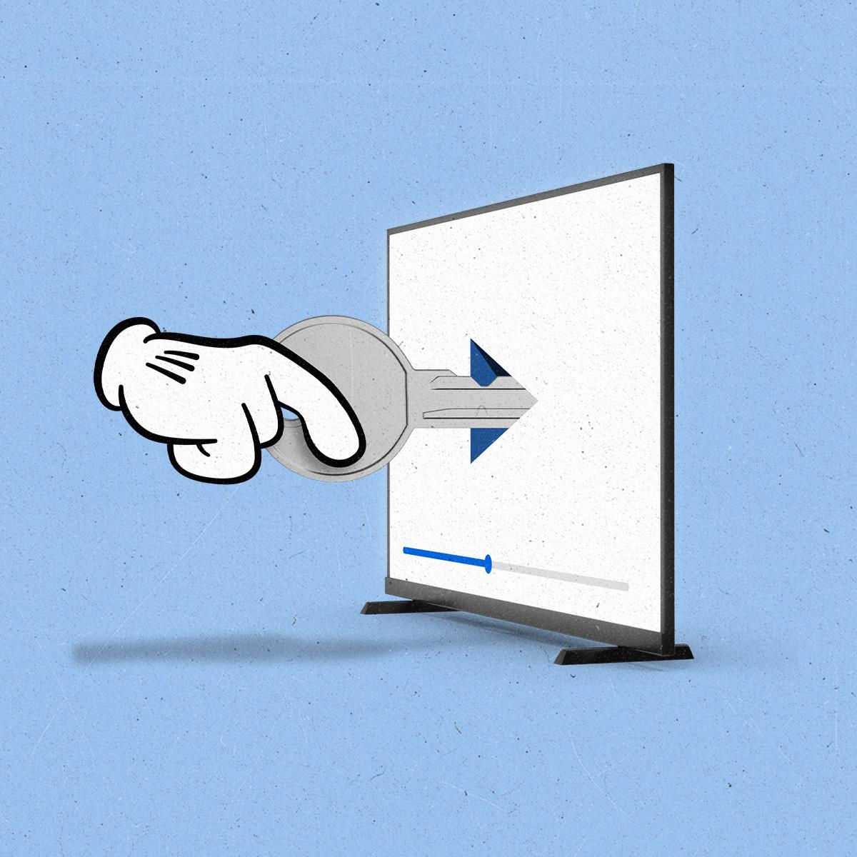 a cartoon hand inserting a key into a play button inside a TV