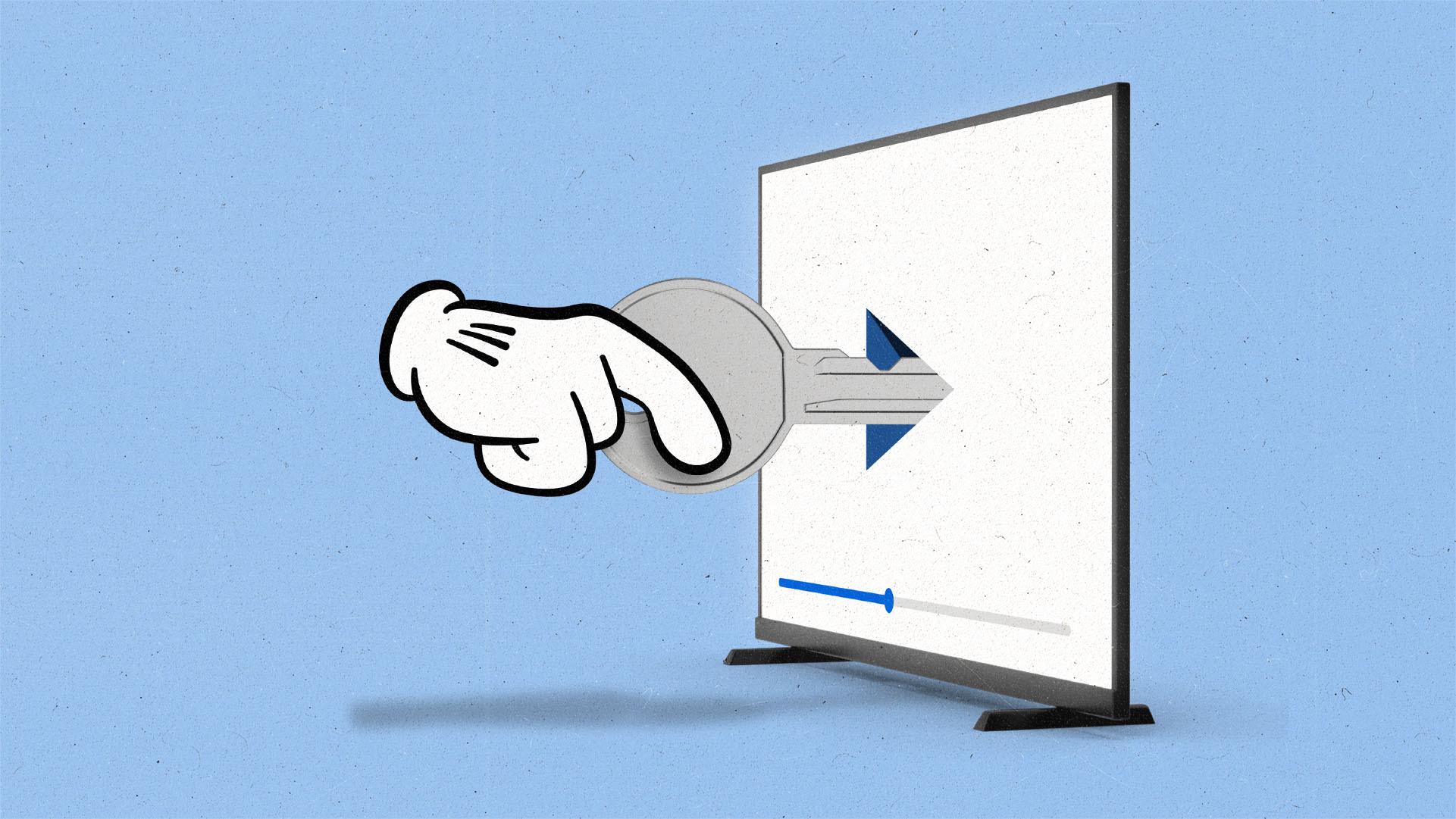 a cartoon hand inserting a key into a play button inside a TV