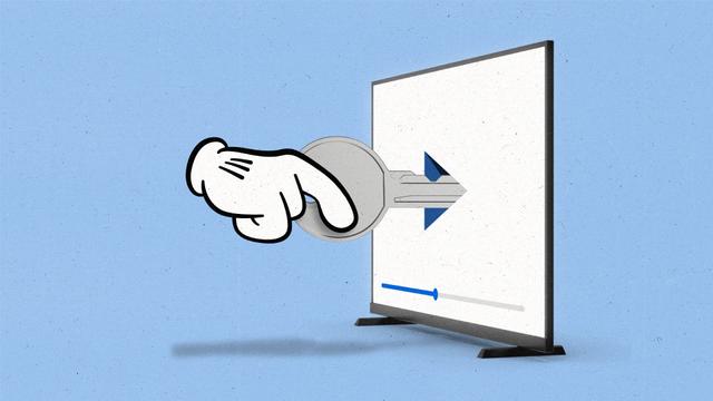 a cartoon hand inserting a key into a play button inside a TV