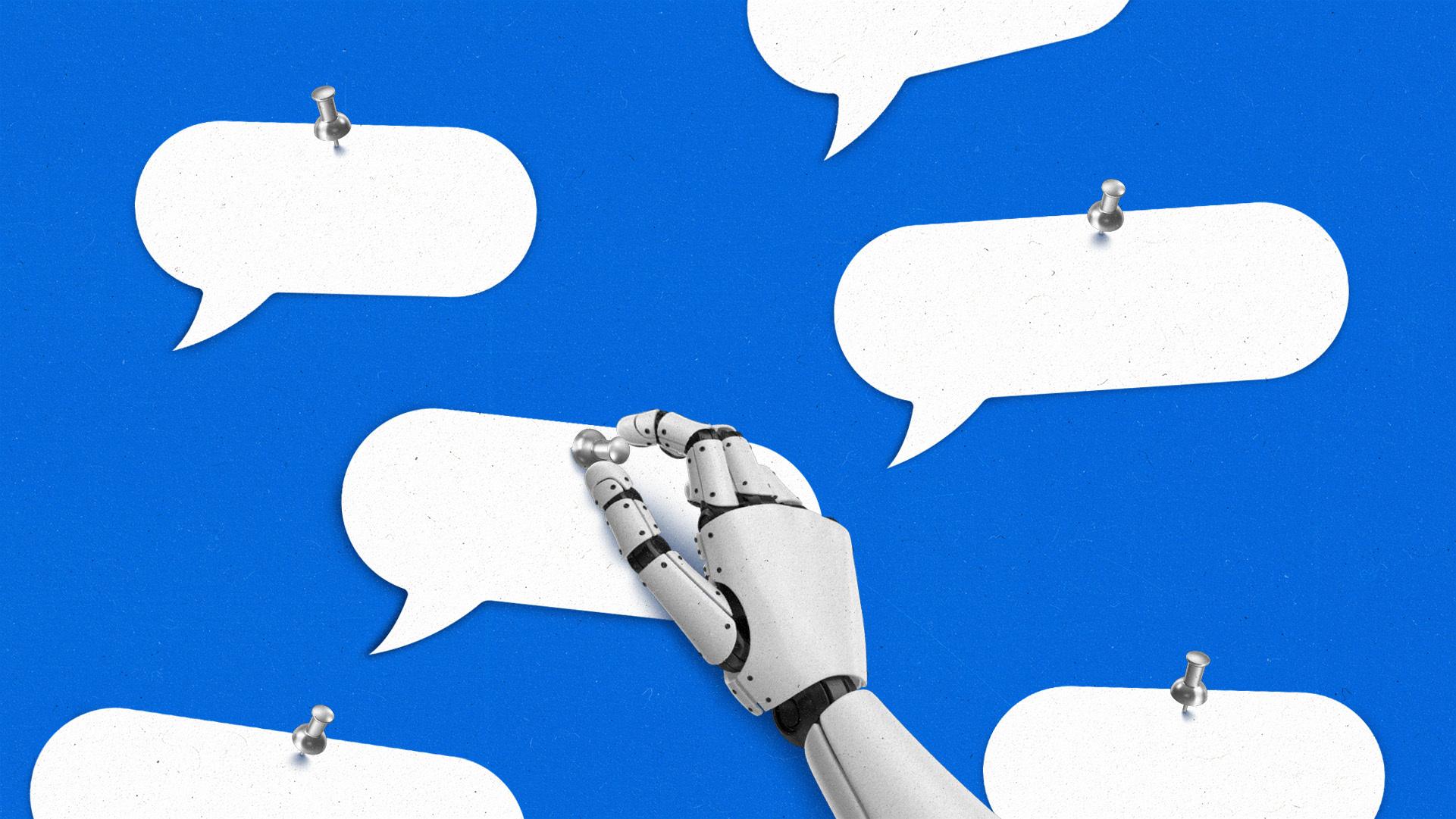 Robot hand placing a speech bubble onto the wall with a thumb tack.