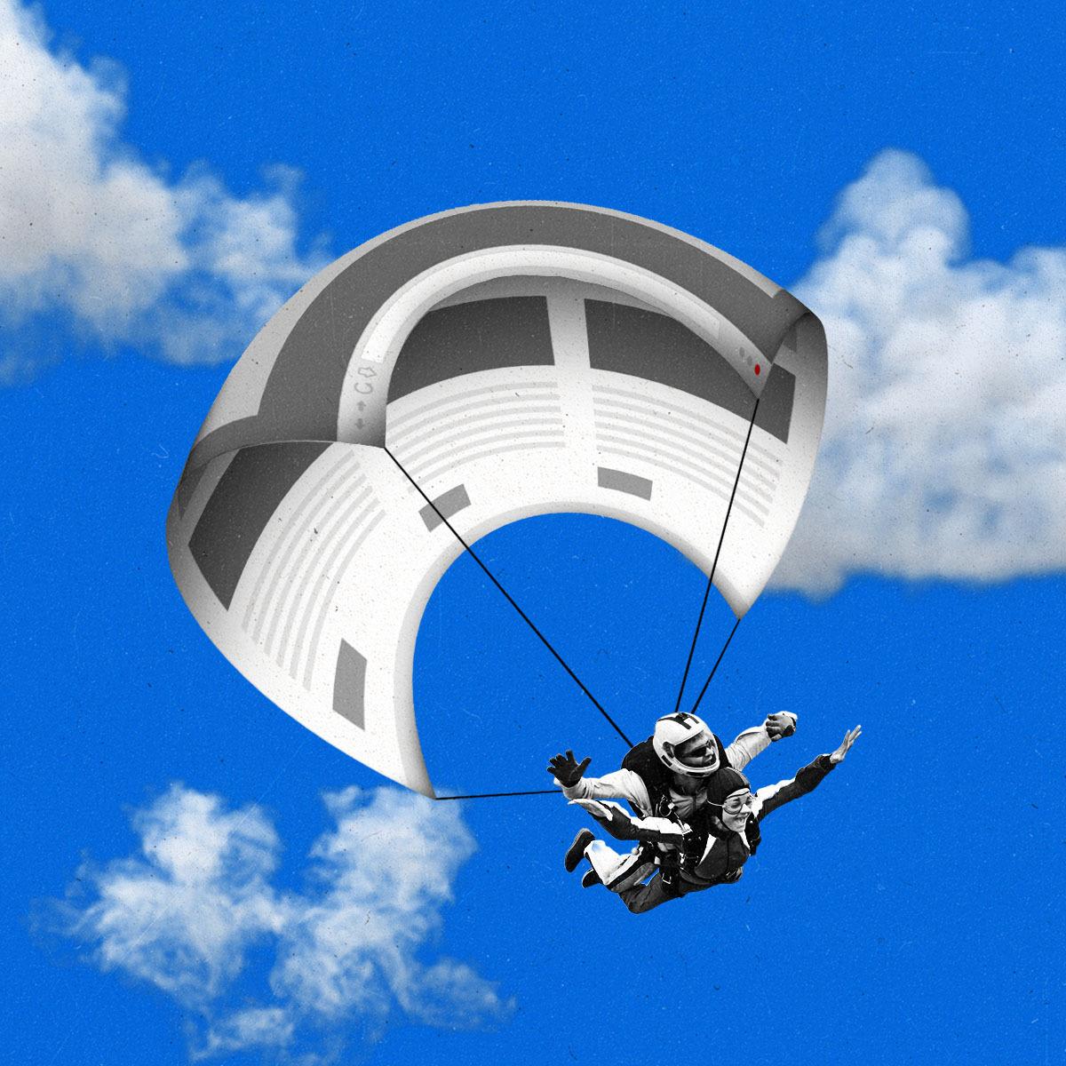Skydivers using a news site browser window as a parachute.