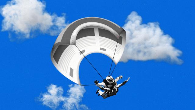 Skydivers using a news site browser window as a parachute.