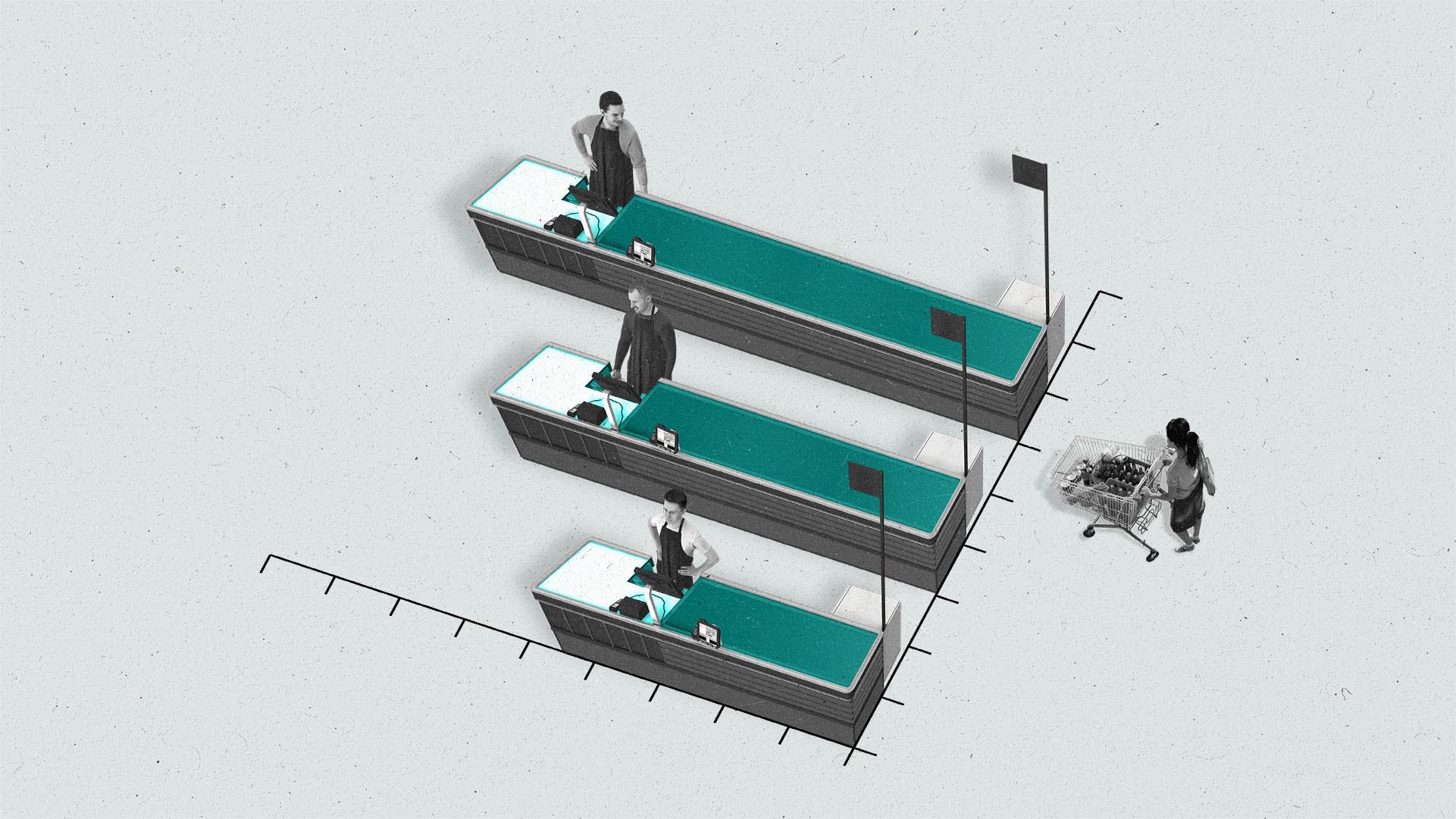 A shopper with a shopping cart approaches rows of cashier desk made to look like a rising bar graph.