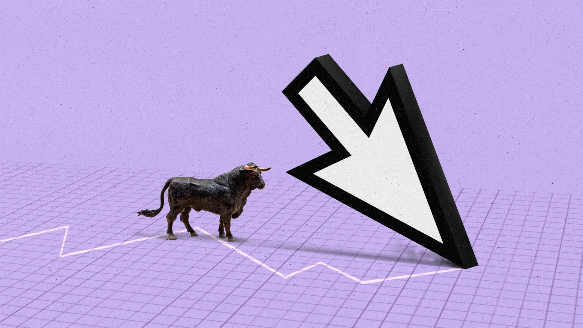 Bull following a cursor along an upward trending line.
