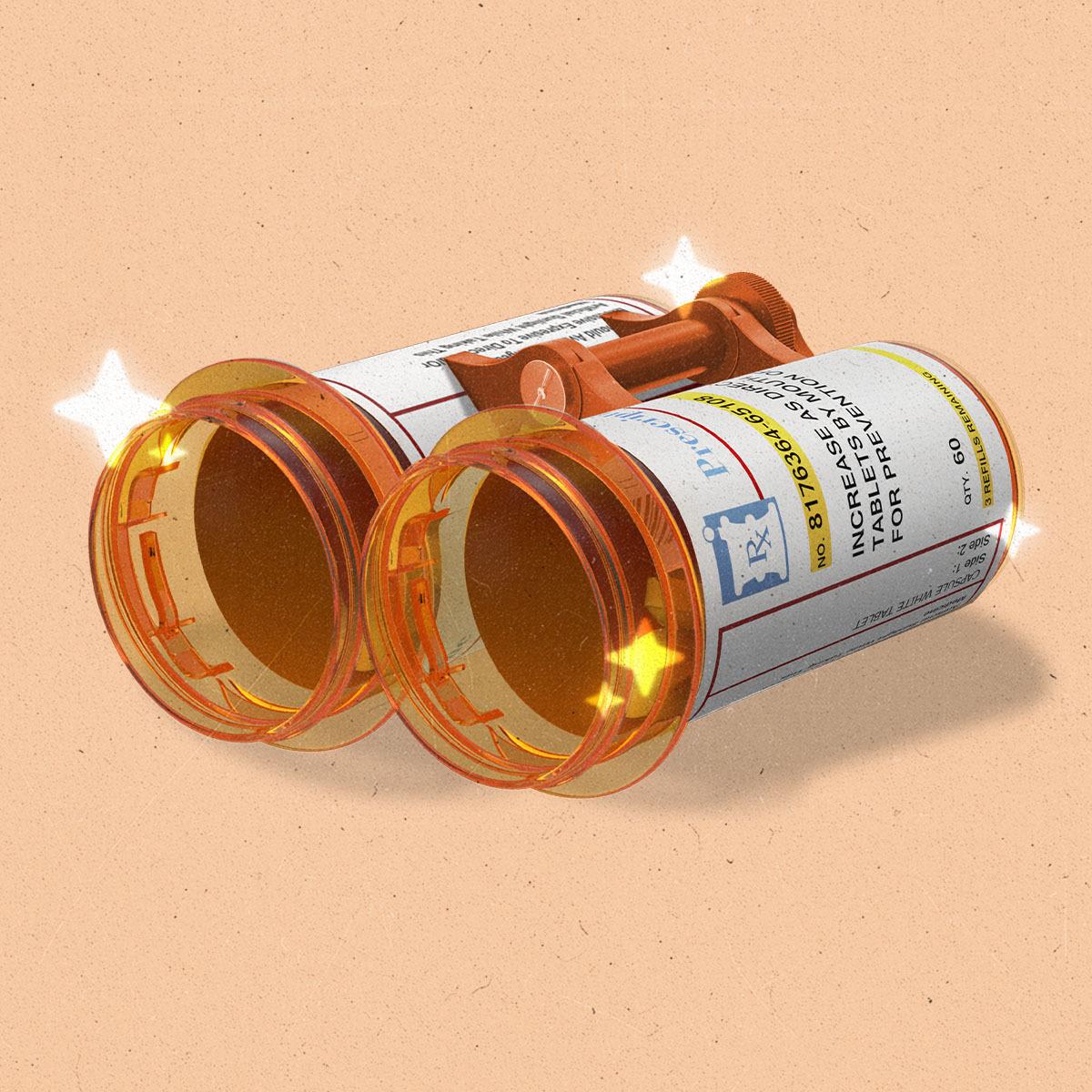 Two open pill bottle laying down made to resemble binoculars, surrounded by glowing AI sparkles.