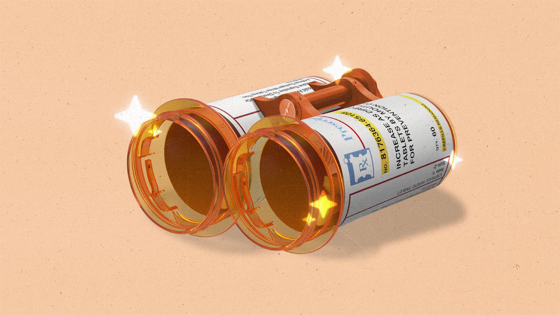 Two open pill bottle laying down made to resemble binoculars, surrounded by glowing AI sparkles.