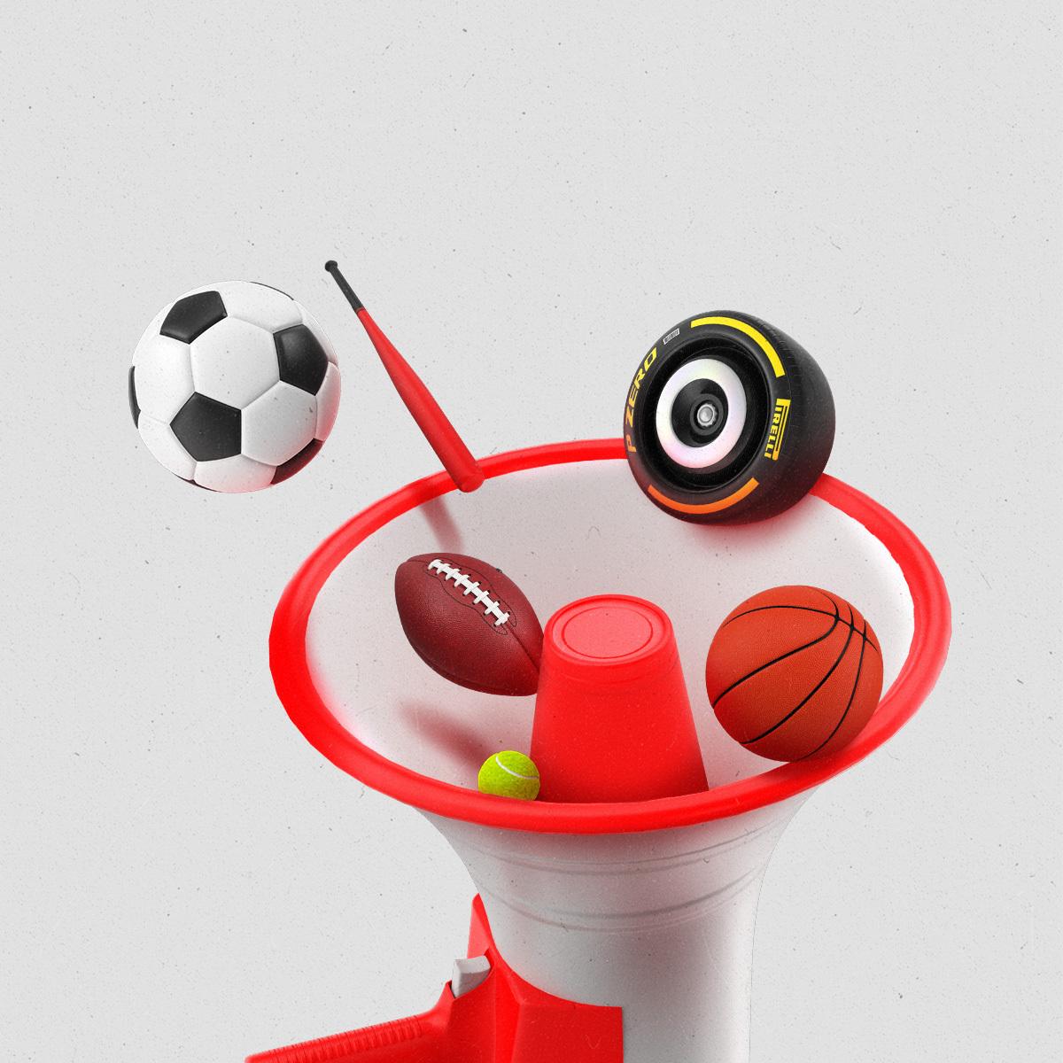 Sports balls and equipment including a football, Formula1 racing tire, soccer ball and basketball, flying out of a large megaphone.