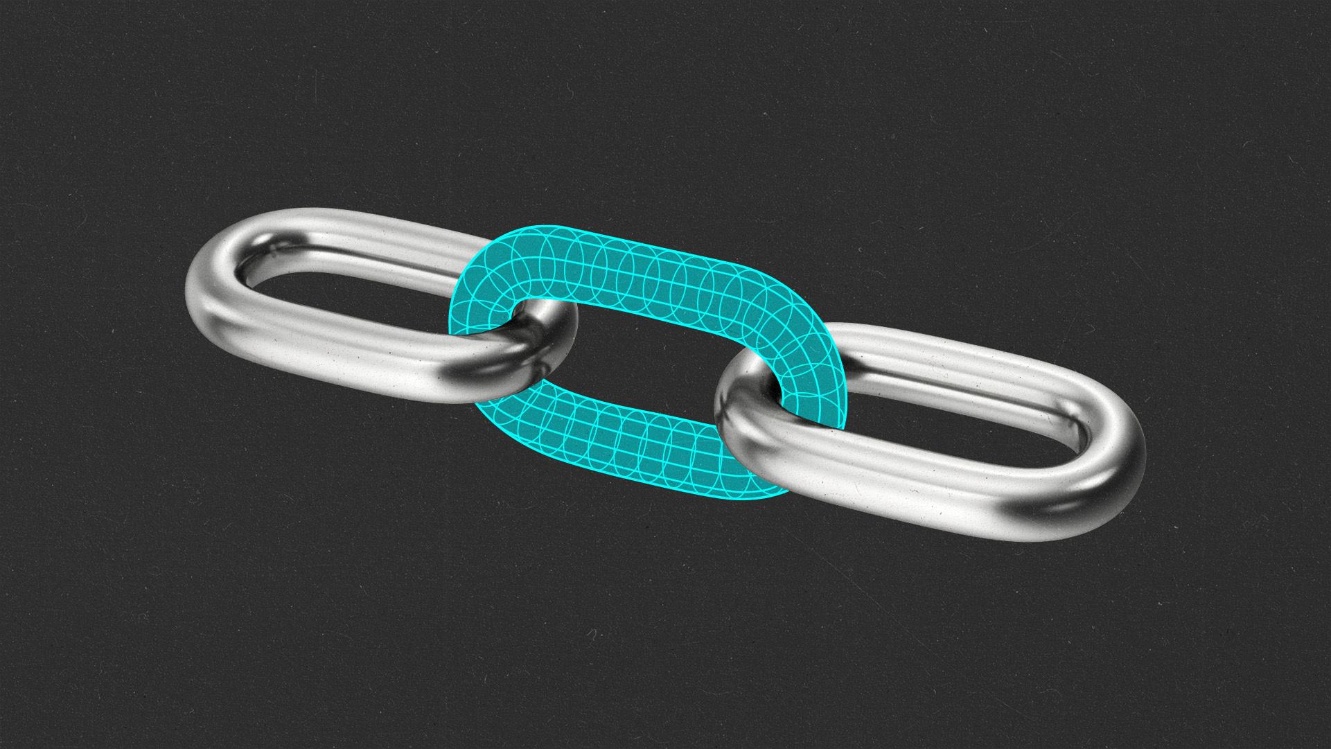 Two links of a chain connected by a digital wireframe link.