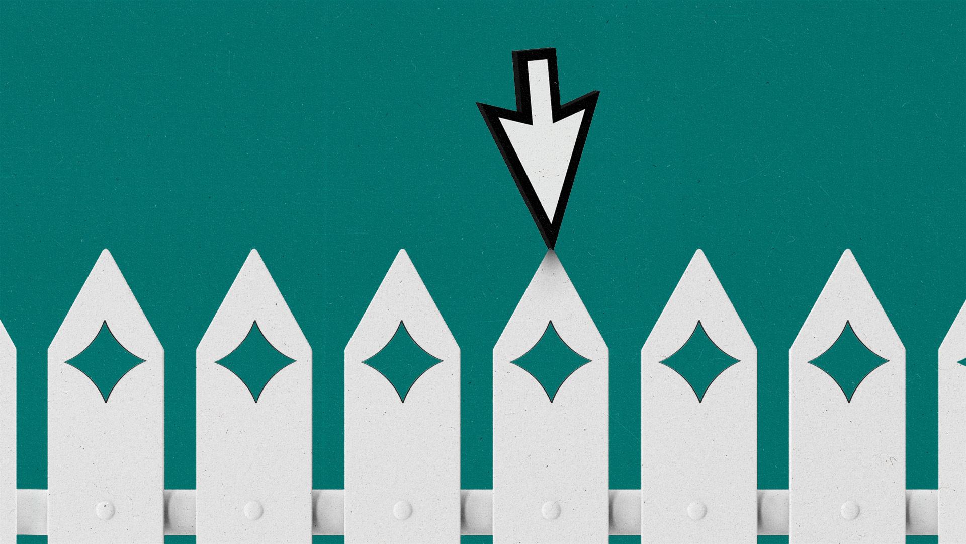 Cursor balancing on a picket fence, with AI sparkle holes in each fencepost.