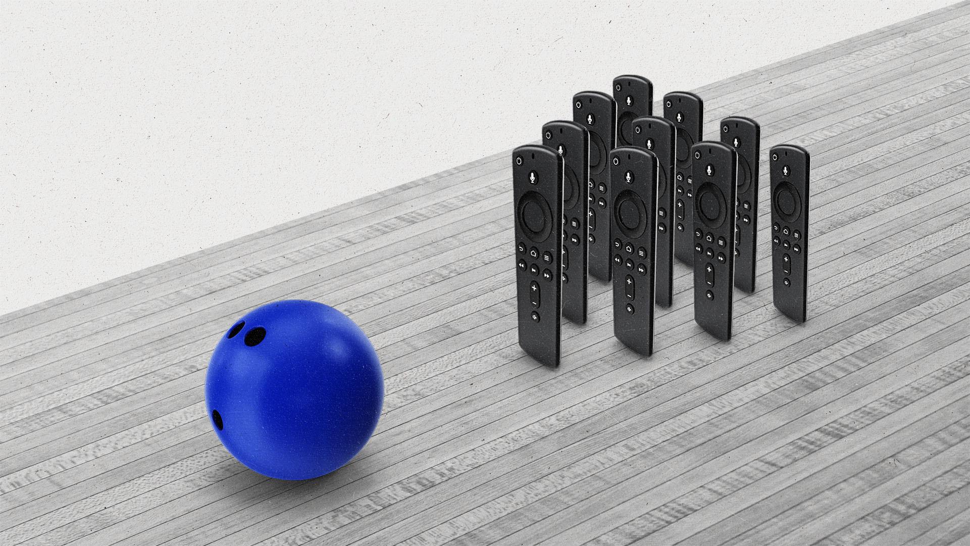 Blue bowling ball rolling towards 12 streaming remotes arranged like bowling pins.