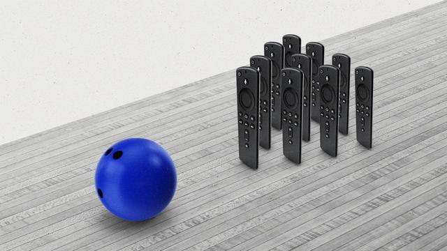 Blue bowling ball rolling towards 12 streaming remotes arranged like bowling pins.