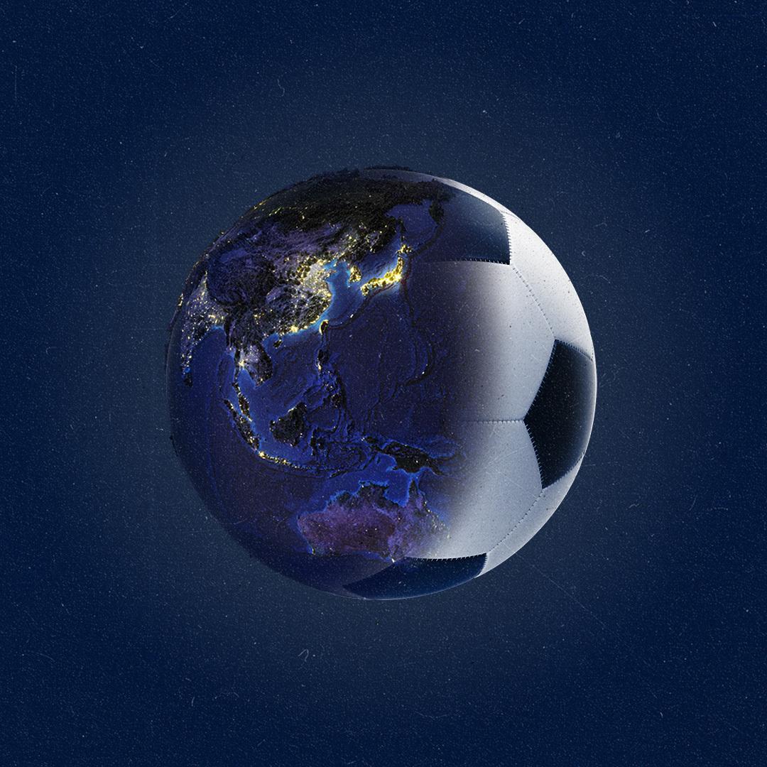 View of the globe from space, focusing on the APAC region, with the highlighted part of the globe becoming a soccer ball