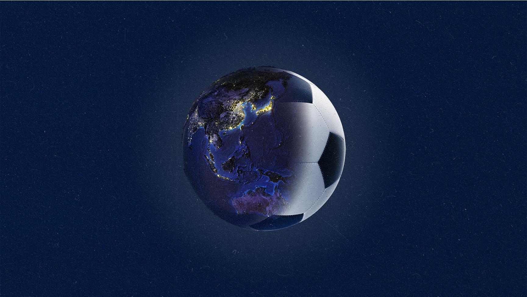 View of the globe from space, focusing on the APAC region, with the highlighted part of the globe becoming a soccer ball
