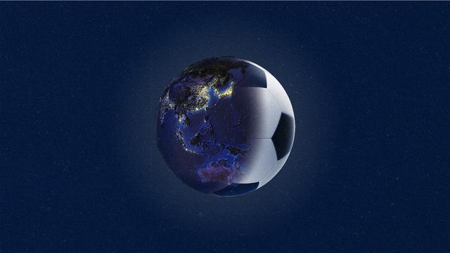 View of the globe from space, focusing on the APAC region, with the highlighted part of the globe becoming a soccer ball