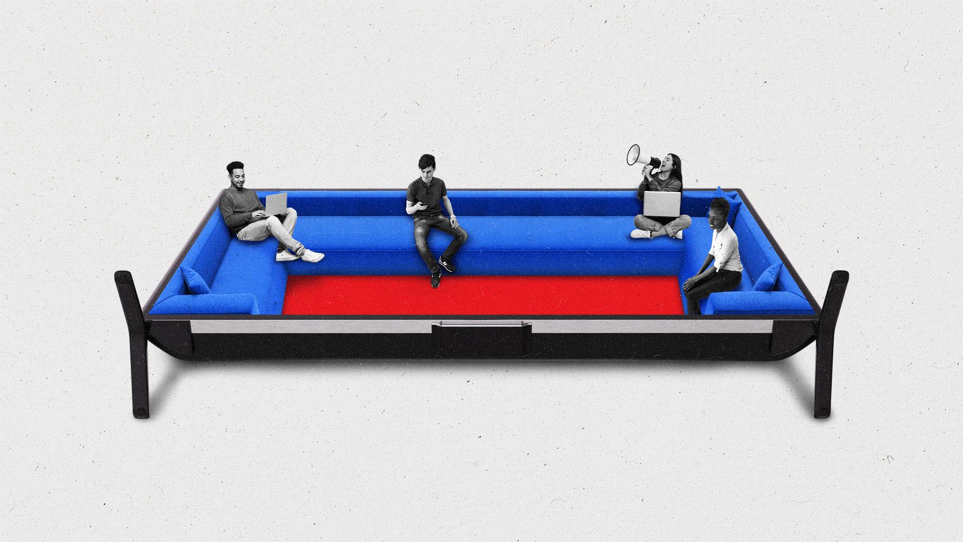 Figures on laptops and using megaphones sitting on a couch within a TV screen.